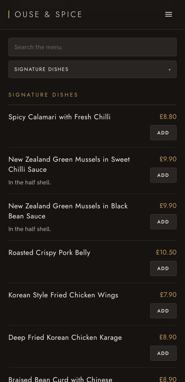 Ouse & Spice ordering site on a phone
