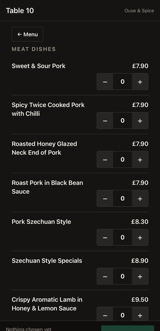 Ordering menu on a customer's phone